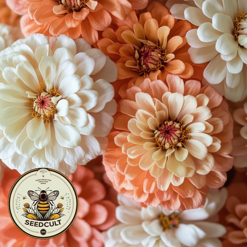 May include: Close-up of a bouquet of peach, cream, and white zinnias. The flowers are arranged in a cluster, with the petals overlapping. The image includes a logo with a bee and the text "SEEDCULT".