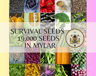 May include: A collage of various seeds, including black beans, red beans, corn, broccoli, and squash. The image features the text "SURVIVAL SEEDS 19,000 SEEDS IN MYLAR" and a logo for "SEED CULT".