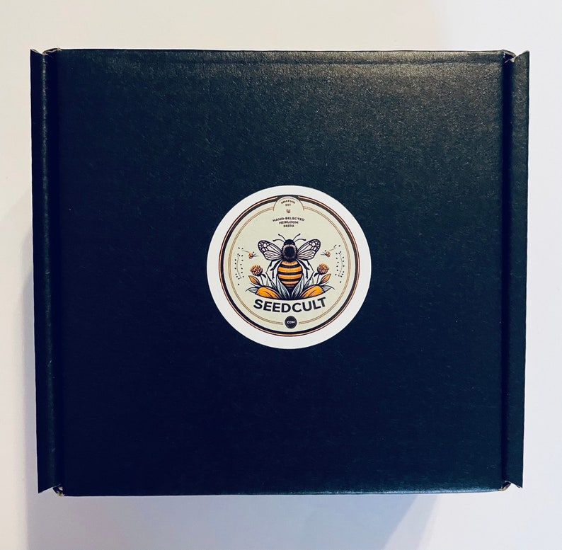 May include: A black cardboard box with a round sticker featuring a bee illustration and the text "SEEDCULT" in white lettering.