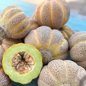 May include: A close-up of a group of cantaloupe melons. The melons are a pale yellow colour with a rough, textured skin. One melon is cut in half, revealing the green flesh and seeds.