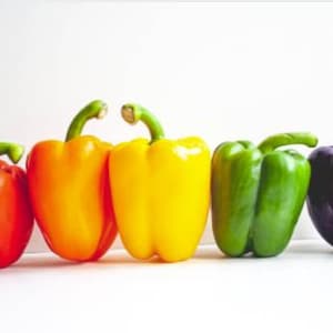 May include: A row of five bell peppers in red, orange, yellow, green, and purple. Each pepper has a green stem. The peppers are displayed against a white backdrop, showcasing their vibrant colours and freshness.