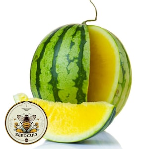 May include: A ripe yellow watermelon with a green rind, partially sliced to reveal its vibrant interior. A slice of the watermelon rests in front. The image includes a circular logo with a bee and the text "SEEDCULT".