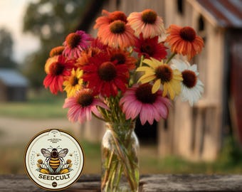 May include: A bouquet of colorful coneflowers in a clear glass vase, with a Seedcult logo in the foreground. The flowers are in shades of red, pink, orange, yellow, and white. The background features a rustic barn and a blurred landscape.