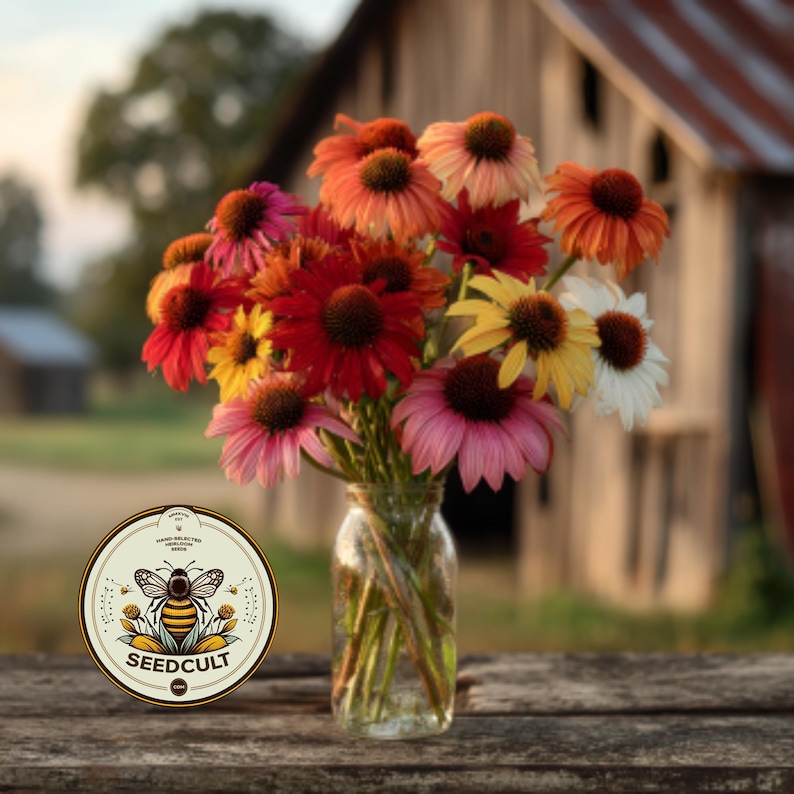 May include: A bouquet of colorful coneflowers in a clear glass vase, with a Seedcult logo in the foreground. The flowers are in shades of red, pink, orange, yellow, and white. The background features a rustic barn and a blurred landscape.