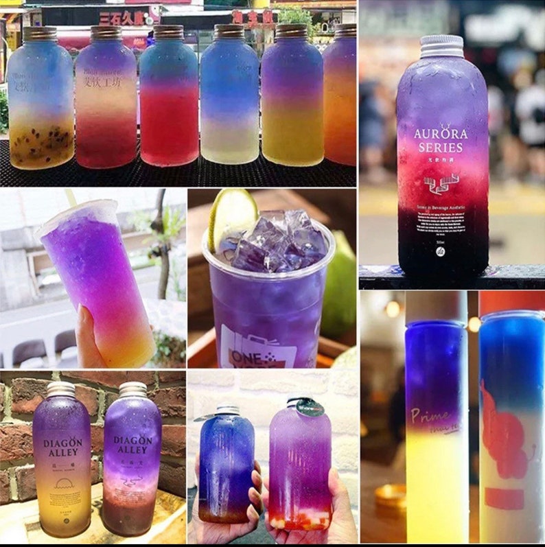 May include: A collage of colorful beverages in various containers. The drinks feature gradient colors, including blue, purple, red, and yellow. Some are in clear bottles with gold lids, while others are in plastic cups. One bottle has "AURORA SERIES" printed on it.