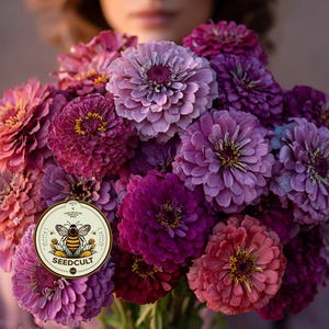 Pode incluir: Um buqu&ecirc; de z&iacute;nias vibrantes em tons de rosa, roxo e magenta. As flores t&ecirc;m p&eacute;talas em camadas e um disco central proeminente. Um r&oacute;tulo circular com o texto "SEEDCULT" e um gr&aacute;fico de abelha &eacute; vis&iacute;vel.