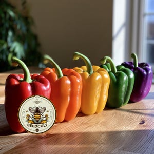 May include: A row of five bell peppers in red, orange, yellow, green, and purple, arranged from left to right. A circular sticker with a bee illustration and the text SEEDCULT is placed on the front of the red bell pepper.