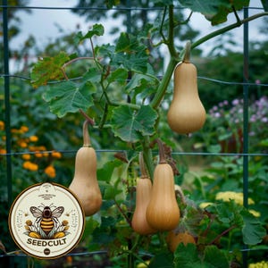 May include: A close-up of a butternut squash plant growing on a trellis. The plant has several ripe squash hanging from it, all a pale yellow color. The squash are growing in a garden setting.