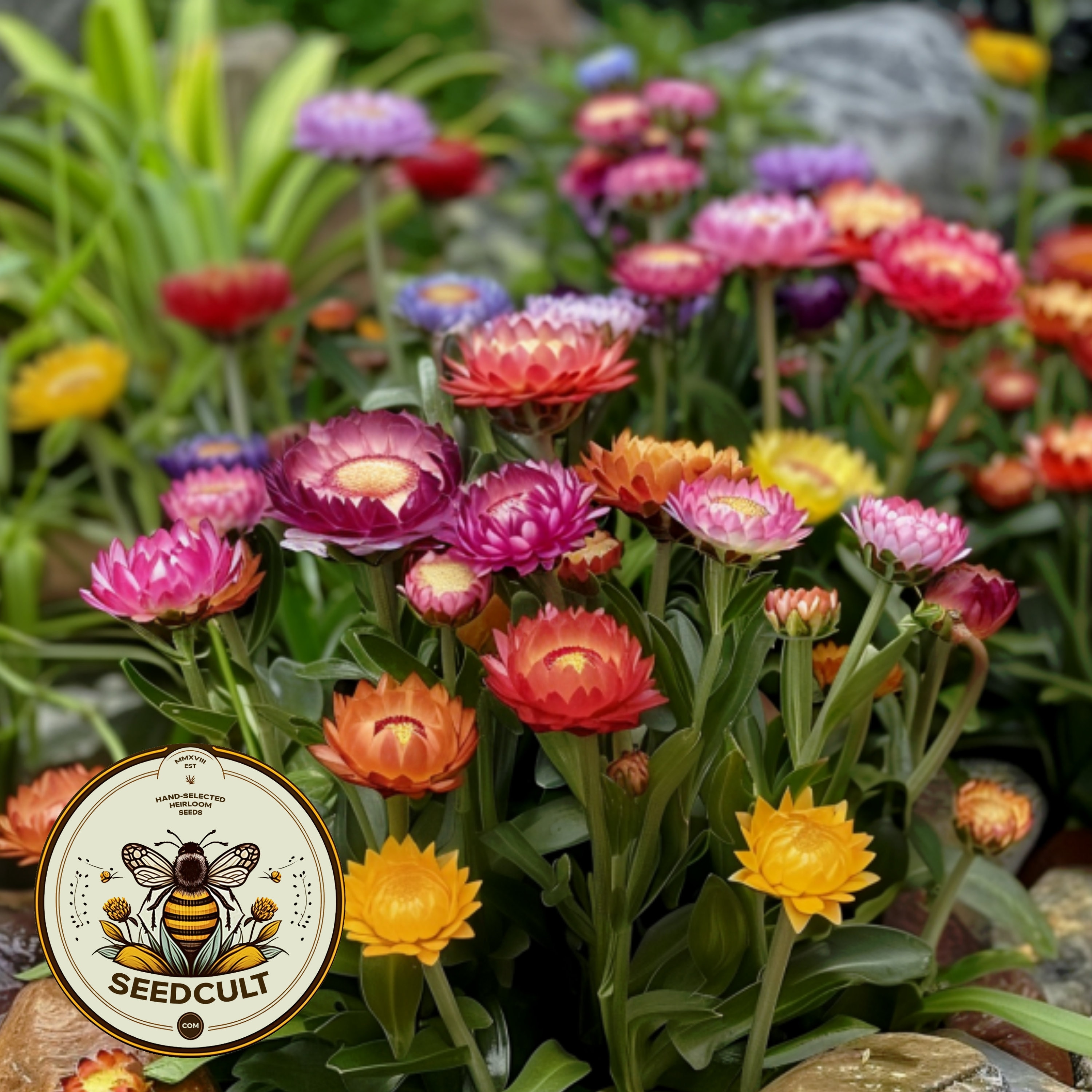 Bulk Monster Rainbow Strawflower Seeds, Tall Double Mix