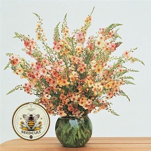 May include: A vibrant bouquet of peach, pink, and yellow flowers in a clear, round glass vase. The vase sits on a wooden surface. A circular logo with a bee and the text "SEEDCULT" is in the foreground.