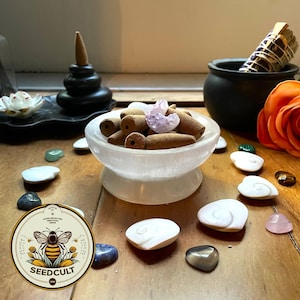 May include: A white selenite bowl filled with brown incense cones and a small purple amethyst crystal. The bowl is sitting on a wooden surface with other crystals and shells around it.