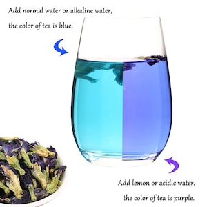 May include: A clear glass of tea, half blue and half purple, demonstrating a color change. Text indicates the color changes with different water types. A small bowl of dried blue flowers is in the image.