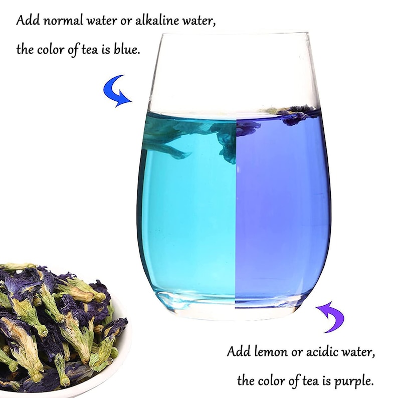 May include: A clear glass of tea, half blue and half purple, demonstrating a color change. Text indicates the color changes with different water types. A small bowl of dried blue flowers is in the image.