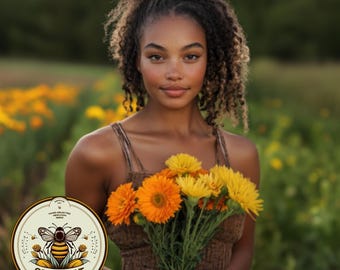May include: A woman with curly brown hair holds a bouquet of yellow and orange flowers in a field. The flowers are in bloom and the woman is smiling. A logo for Seedcult is in the foreground.