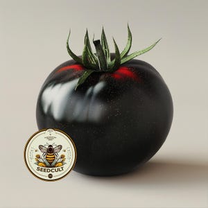 May include: A round, deep black tomato with a green stem and calyx, featuring a subtle red hue near the top. A circular sticker is positioned in the lower left corner, displaying a bee illustration and the text SEEDCULT.
