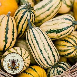 May include: A close-up shot of a pile of spaghetti squash. The squash has a cream-colored background with green stripes. The squash is in a woven basket. A circular logo with a bee and the text "SEEDCULT" is in the lower left corner.