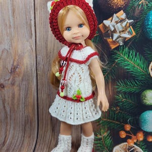 Hand-Knitted Christmas Outfit for Paola Reina 32 cm Doll – Dress, Bonnet & Boots