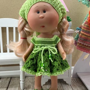 Knitted Outfit for Mini Mia 9” Doll – Dress, Headscarf & Glitter Shoes