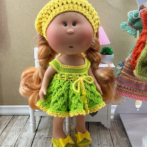 Knitted Outfit for 12” Mini Doll – Cotton Dress, Shoes, and Headscarf