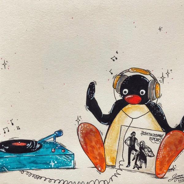 Album personnalisé dessiné à la main, Pingu écoutant de la musique - oeuvre d'art originale par graceowenart - 5,8 x 5,8 pouces, oeuvre d'art