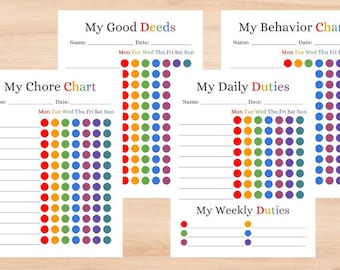 Printable Responsibility Charts Sets For Kids For Deeds, Chores, Behavior, Duties In 3 Color Choices For Parents, Teachers, Homeschool Use
