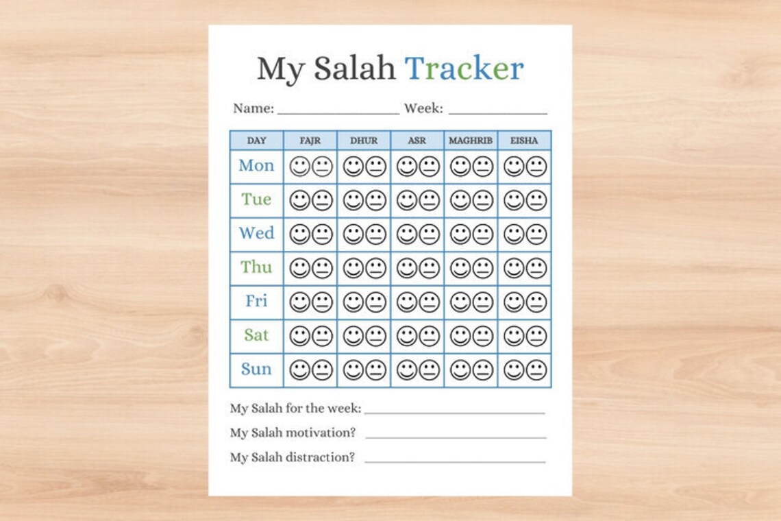 Printable Salah Tracker Charts for Muslim Kids in 3 Color Choices for Parents, Teachers, and ...