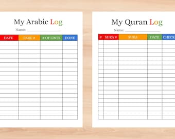 Printable Quran and Arabic Log Tracking Charts For Muslim Kids In 3 Color Choices For Parents, Teachers, and Homeschool Use