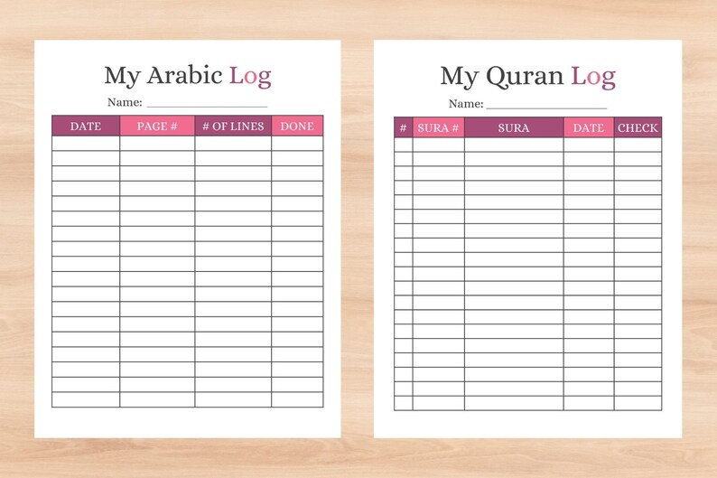 Printable Quran and Arabic Log Tracking Charts for Muslim Kids in 3