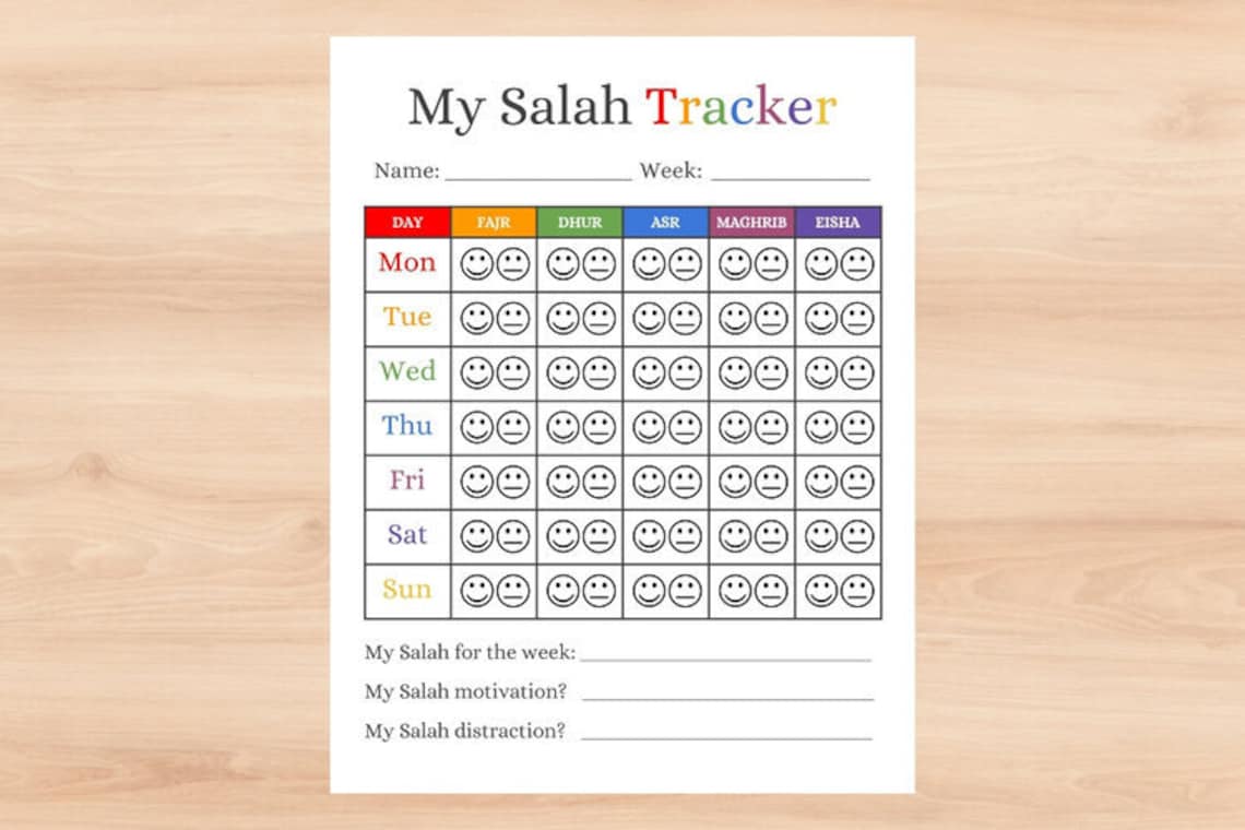 Printable Salah Tracker Charts for Muslim Kids in 3 Color Choices for Parents, Teachers, and ...