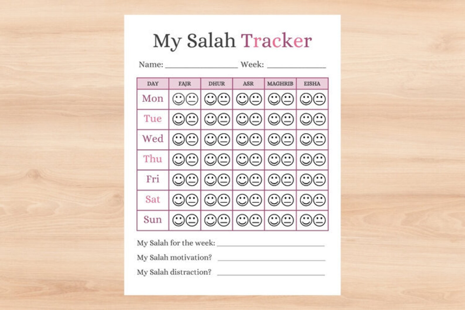 Printable Salah Tracker Charts for Muslim Kids in 3 Color Choices for