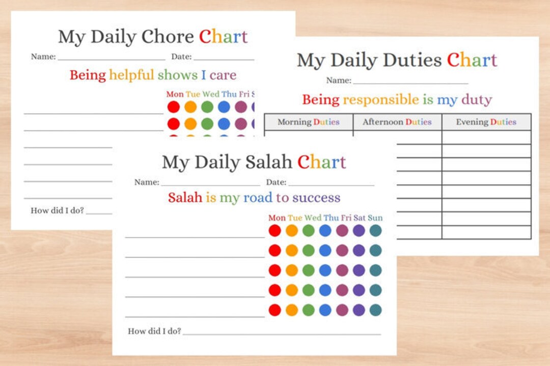 Printable Motivational Chart Sets for Kids for Salah, Chores, Duties in ...