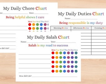 Printable Motivational Chart Sets For Kids For Salah, Chores, Duties In Multicolor, Blue, and Pink For Parents, Teachers, and Homeschool Use