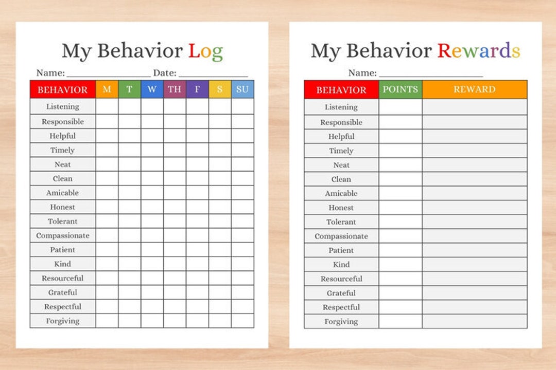 Printable Behavior Log Reward Chart Sets for Kids in Multicolor, Blue ...