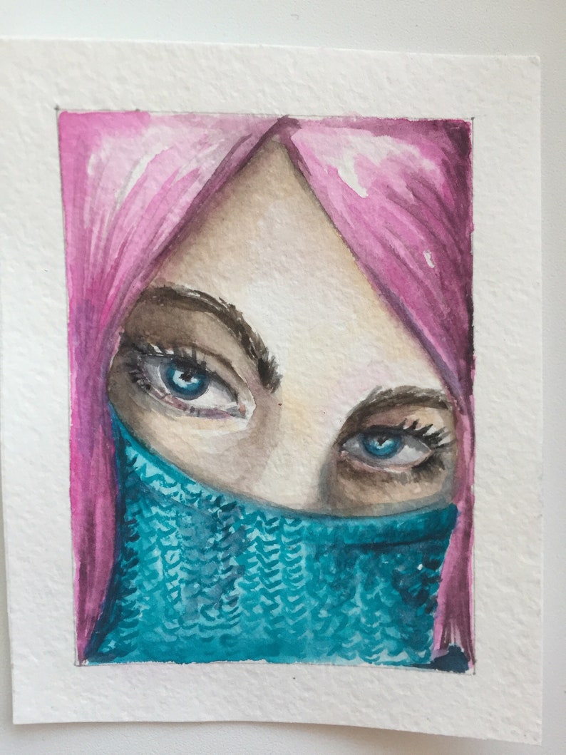 atc stylish girl pink hair collectible girl anime Art work trading card aquarel painting ACEO card anime girl painting pink girl