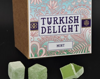 Turkish Delight Mint 400g in a Hand Crafted Birthday, Eid Mubarak Gift Box suitable for Vegetarians, Vegans, Gluten Free and Gelatine Free