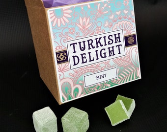 Turkish Delight Mint 250g in a Hand Crafted Birthday, Mothers Day Gift Box suitable for Vegetarians, Vegans, Gluten Free & Gelatine Free