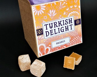 Turkish Delight Orange 250g in a Hand Crafted Birthday, Mothers Day Gift Box suitable for Vegetarians, Vegans, Gluten Free Artisan Recipe