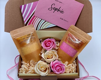 Soap Flowers and Bath Salts Gift Set, Spa Gift Box for Women, Personalised Pamper Hamper, Self Care Package for Ladies, Relaxation Gift Box
