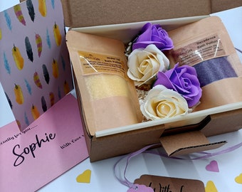 Soap Flowers and Bath Salts Gift Set, Spa Gift Box for Women, Thank You Gift, Women's Bath Body Gift, Relaxation Gift Box, Birthday Gift Box