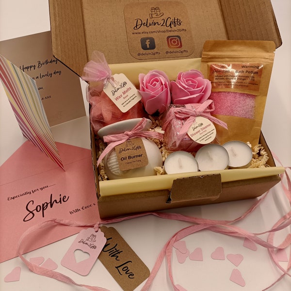 Oil Burner Gift Set with Wax Melts, Shower Steamer, Bath Salts and Rose Soap Flowers, Personalised Spa Gift Set for Women, Birthday Box