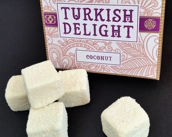 Turkish Delight Milk Coconut 250g in a Hand Crafted Birthday, Thank You Gift Box suitable for Vegetarians, Vegans and Gluten Free