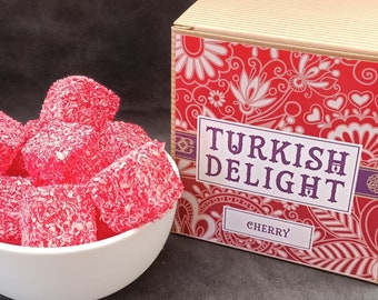 Turkish Delight Luxury Cherry Flavour 400g in a Hand Crafted Birthday, Thank You Gift Box suitable for Vegetarians, Vegans & Gluten Free