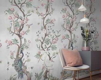 Silver Metallic Chinoiserie Cherry Blossom Bird Luxury wallpaper mural