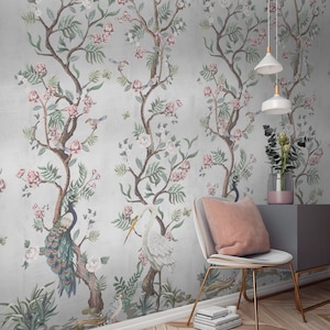Silver Metallic Chinoiserie Cherry Blossom Bird Luxury Wallpaper Mural -  Etsy