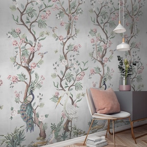 Silver Metallic Chinoiserie Cherry Blossom Bird Luxury wallpaper mural