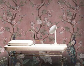 Cherry Blossom Pink Chinoiserie Distressed Removable  Peel-and-Stick Kubla Khan wallpaper
