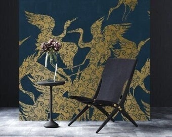 Beautiful Blue Heron Bird Wallpaper, Gold Metallic Luxury Chinoiserie Wallpaper Mural