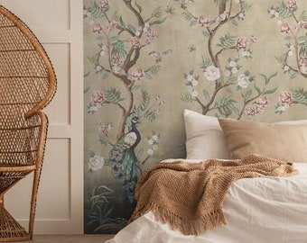 Cherry Blossom Light Brown Chinoiserie Distressed Removable  Peel-and-Stick Kubla Khan wallpaper