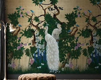 Chinoiserie bird wallpaper, Gold peacock wallpaper, Gold metallic luxury wallpaper