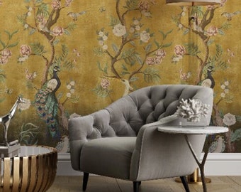 Papier Peint Chinoiserie Cherry Blossom, Peacock Amovible Peel-and-Stick Wall mural